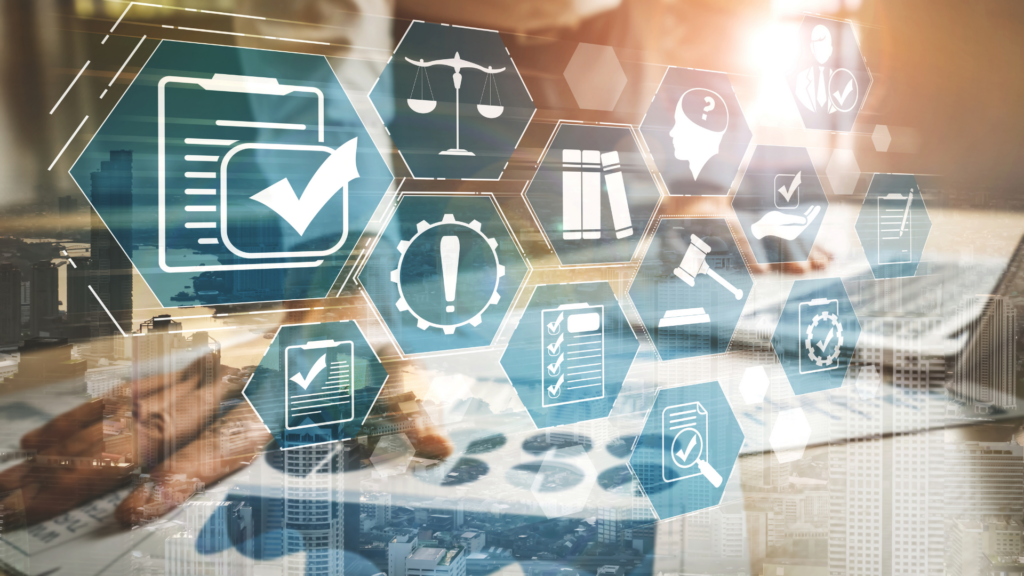 A digital overlay featuring compliance, governance, and legal icons with a purple tint, representing the tender process and regulatory requirements.