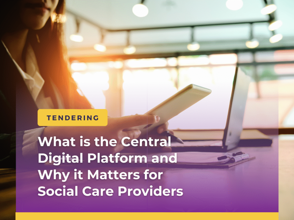 Person using a smartphone and laptop with headline text: “What is the Central Digital Platform and why it matters for social care providers.”