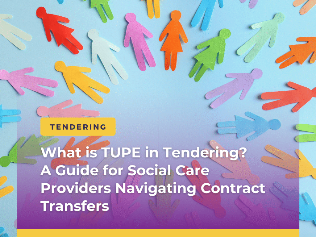 Paper cut-out people around a page banner with the headline “What is TUPE in Tendering? A guide for social care providers navigating contract transfers.”
