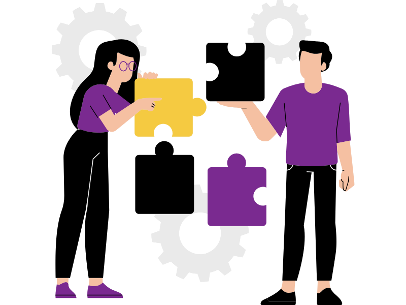 Illustration of two people holding puzzle pieces, representing collaboration and teamwork in social care