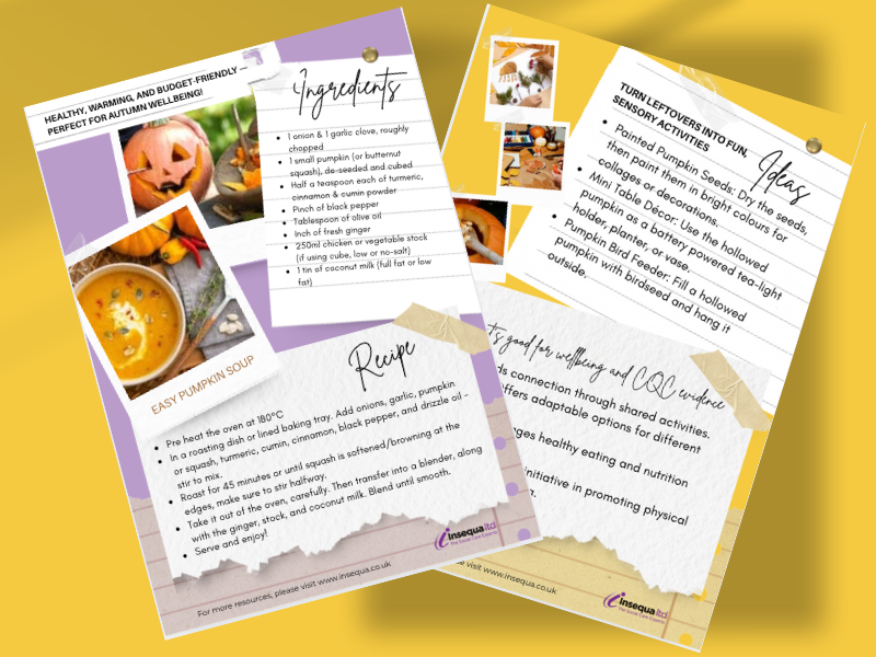 Two-page autumn wellbeing sheet showing an easy pumpkin soup recipe with ingredients and a second page of sensory pumpkin activity ideas for care homes.