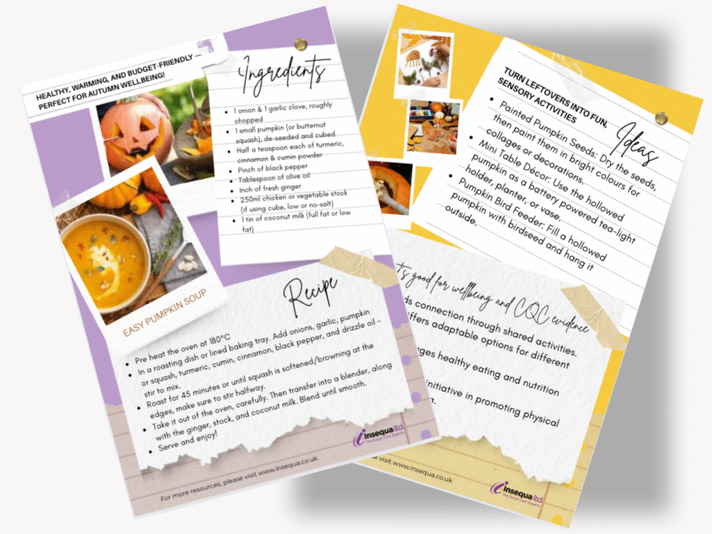 Two-page autumn wellbeing sheet showing an easy pumpkin soup recipe with ingredients and a second page of sensory pumpkin activity ideas for care homes.
