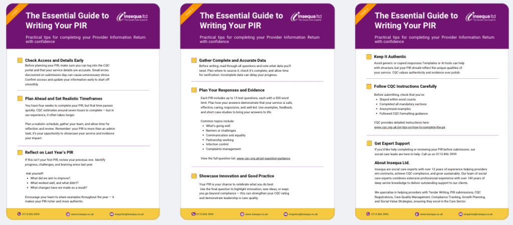 Stacked cover pages mockup of ‘The Essential Guide to Writing Your PIR’ showing key tips for the CQC Provider Information Return.