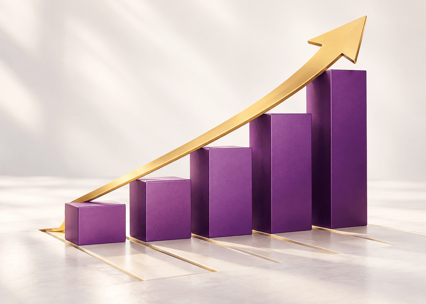 Ascending purple columns with a gold arrow symbolising business growth